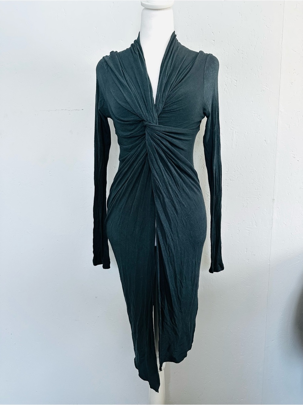 Long-Sleeve Black Twist Front Midi Dress